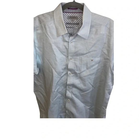 Ted Baker Light Blue Linen Blend Short Sleeve Button Down Shirt Size 5 16.5 - Picture 2 of 5